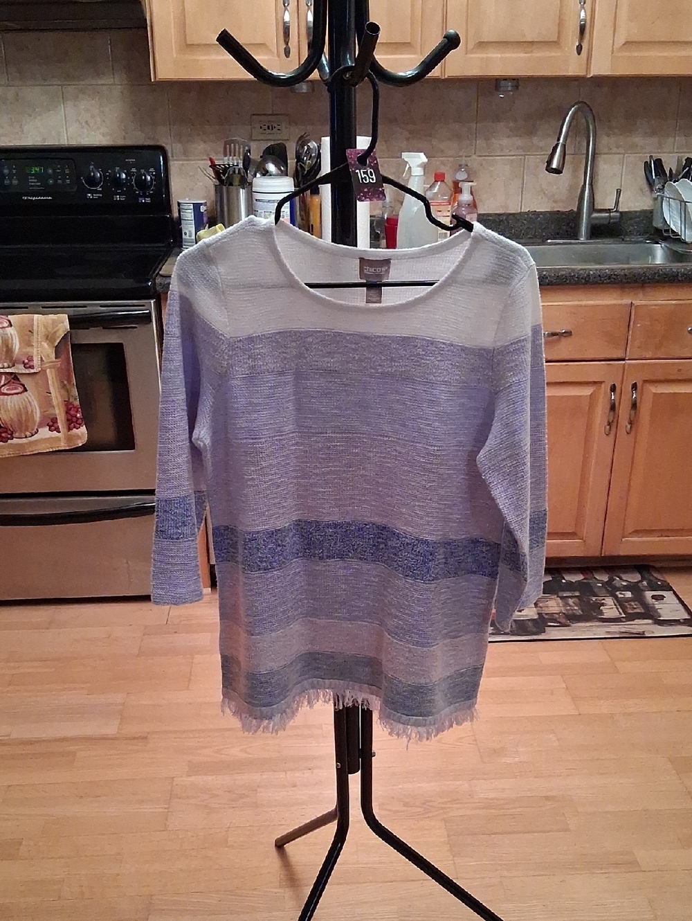 Chico's Blue & White Striped Scoop-Neck Fringe Hem Sweater